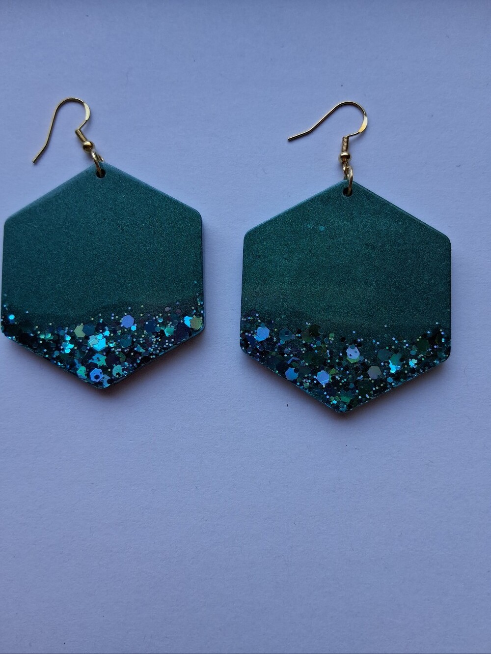 Hand Crafted Teal Hexagon Glitter Drop Earrings with Gold Hooks